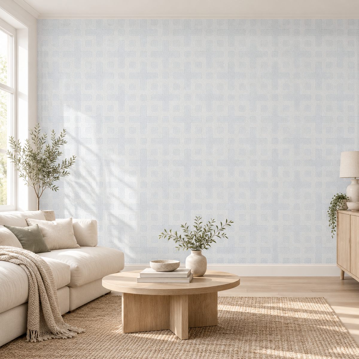 Frosted Geometry, peel and stick wallpaper styled on a feature wall