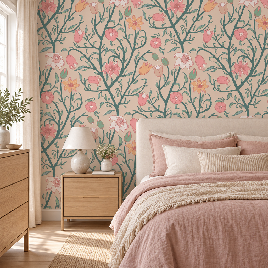 Frosted Stripes peel and stick wallpaper styled on a feature wall