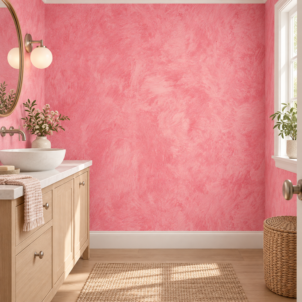 Fuchsia Plaster, peel and stick wallpaper styled on a feature wall