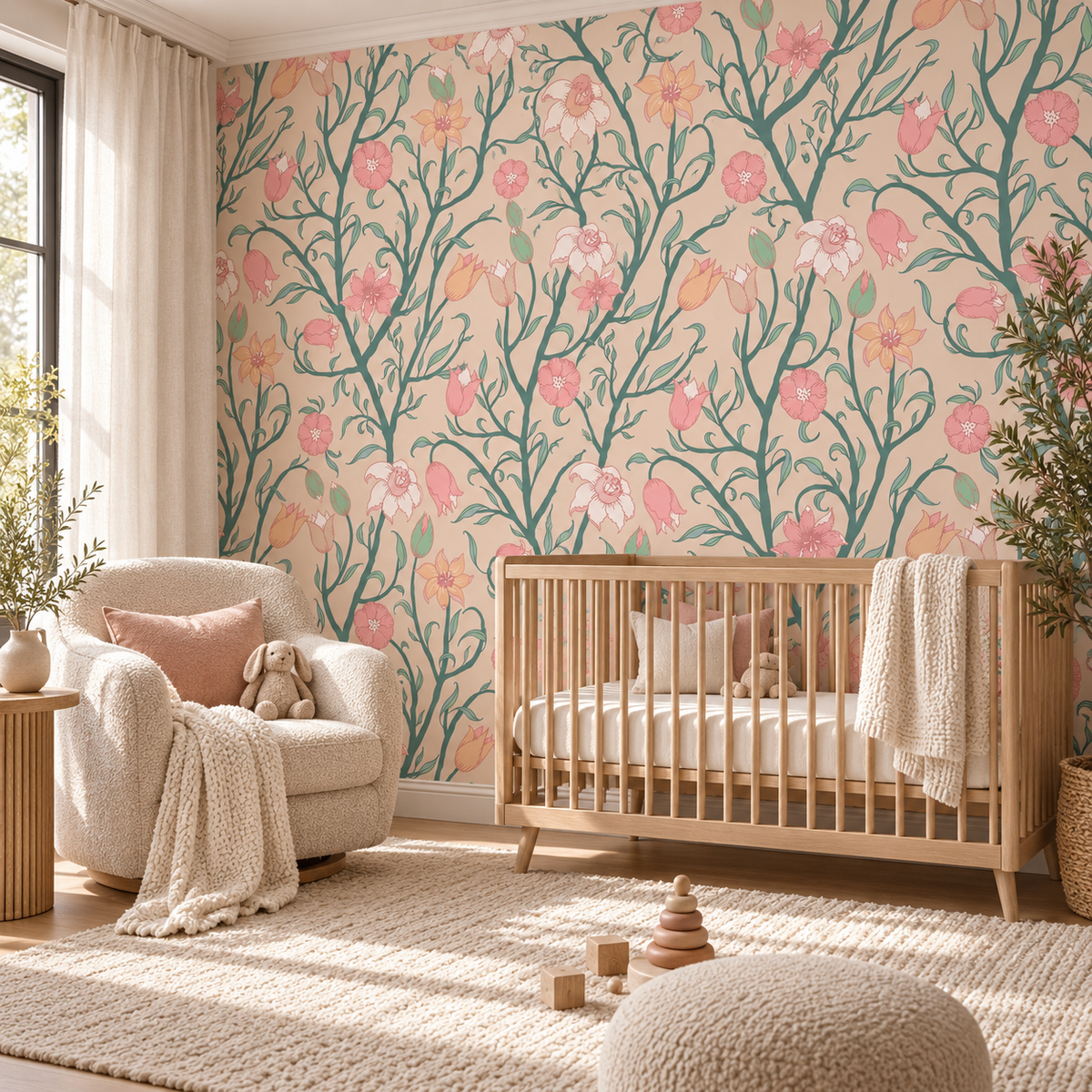 Garden Branches, peel and stick wallpaper styled on a feature wall