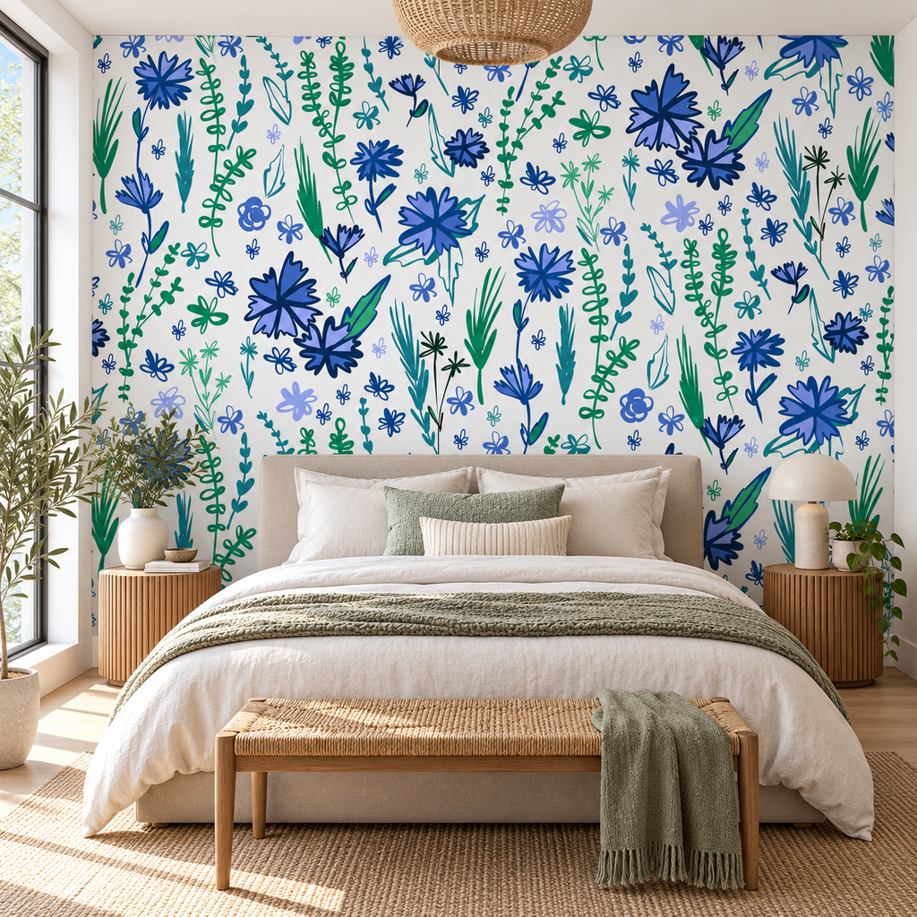 Garden Doodles, peel and stick wallpaper styled on a feature wall
