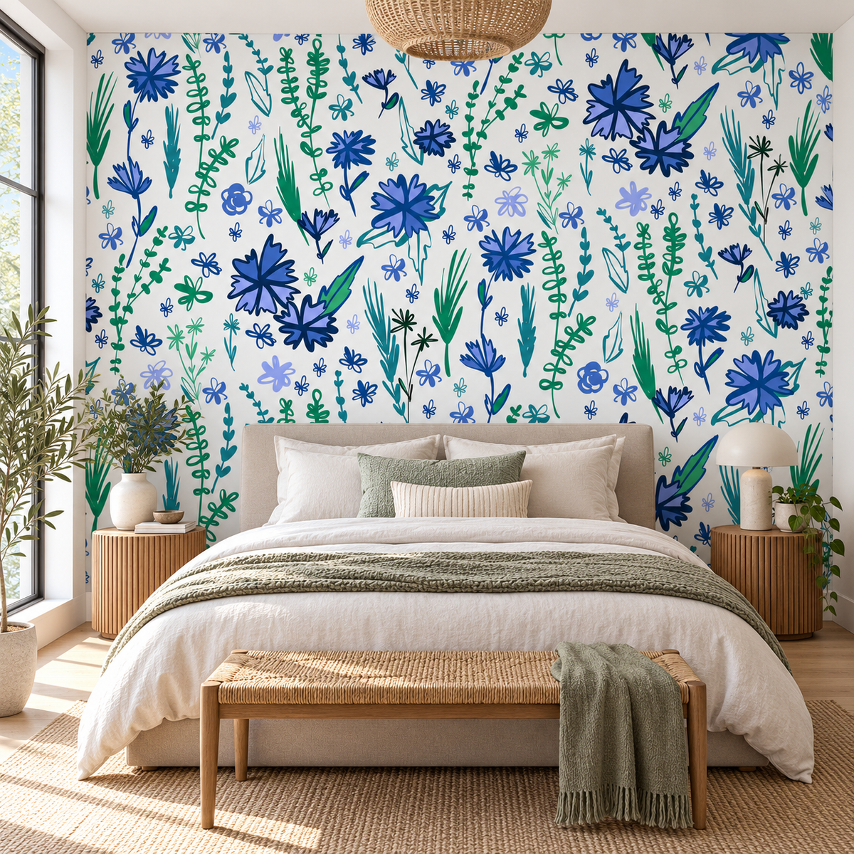 Garden Doodles, peel and stick wallpaper styled on a feature wall