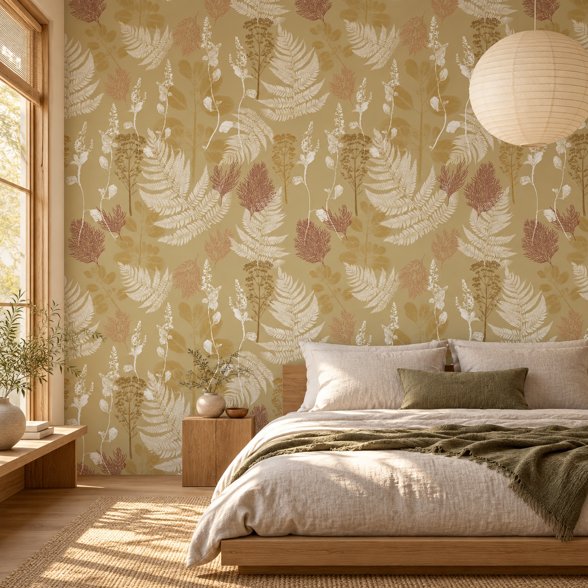 Garden Fern in Latte by Trudy Rice, peel and stick wallpaper styled on a feature wall
