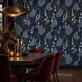 Garden Fern in Midnight by Trudy Rice, peel and stick wallpaper styled on a feature wall