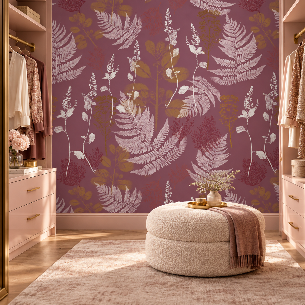 Garden Fern in Rose by Trudy Rice, peel and stick wallpaper styled on a feature wall