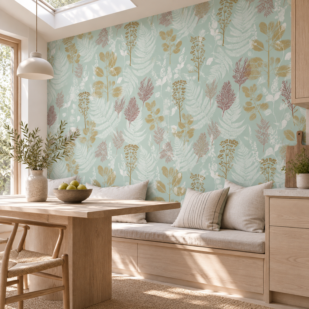 Garden Fern in Snow by Trudy Rice, peel and stick wallpaper styled on a feature wall