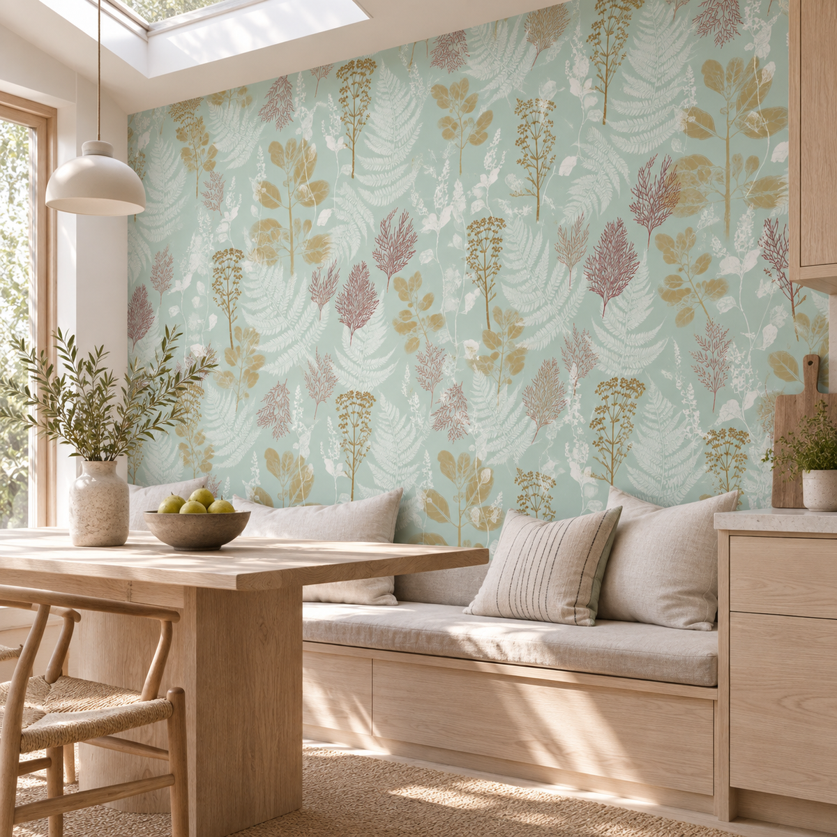 Garden Fern in Snow by Trudy Rice, peel and stick wallpaper styled on a feature wall