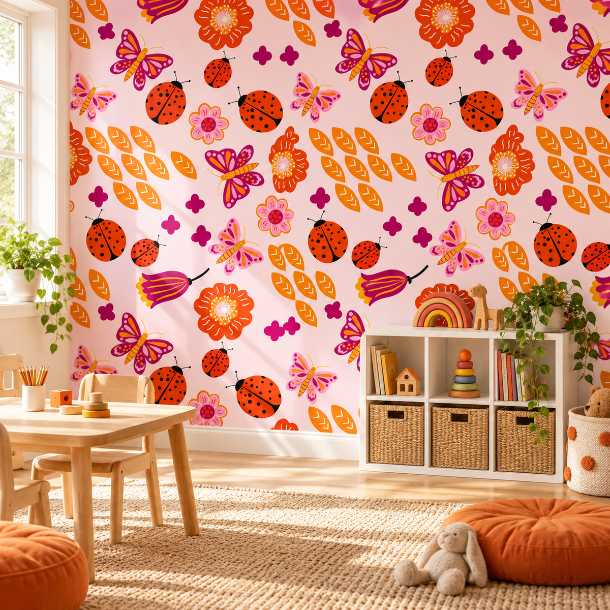Garden Joy peel and stick wallpaper styled on a feature wall