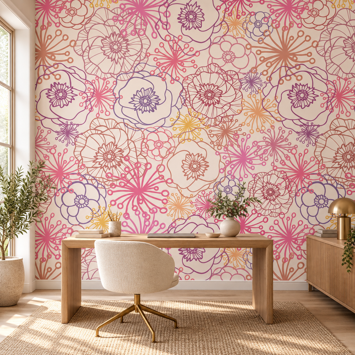 Garden Sketch, peel and stick wallpaper styled on a feature wall