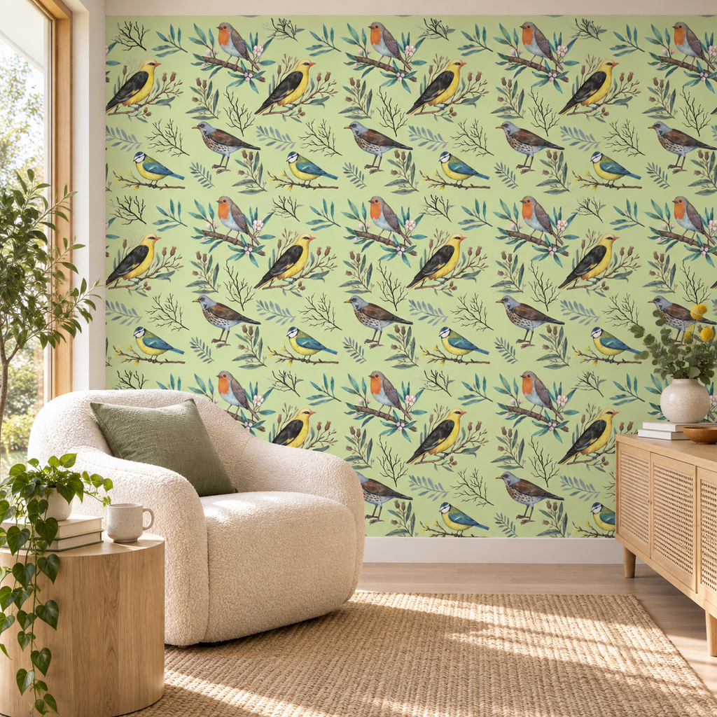 Garden Songbirds peel and stick wallpaper styled in a living room reading nook