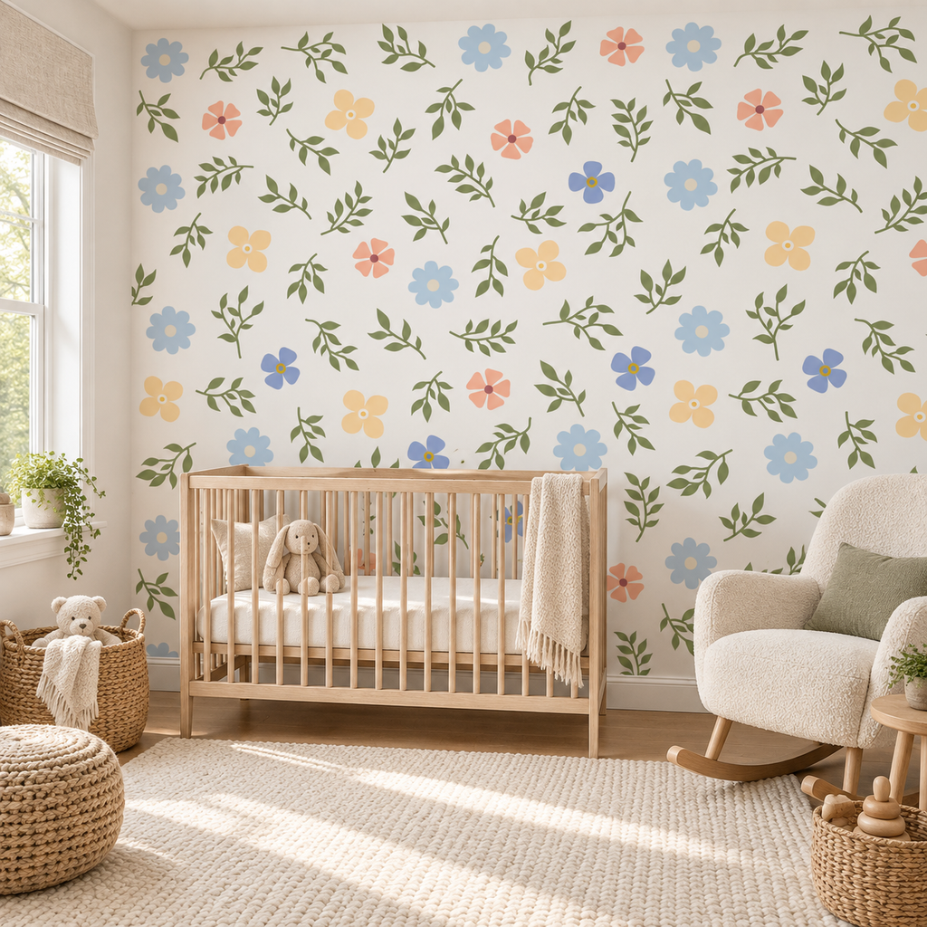 Pastel Sprigs, peel and stick wallpaper styled on a feature wall
