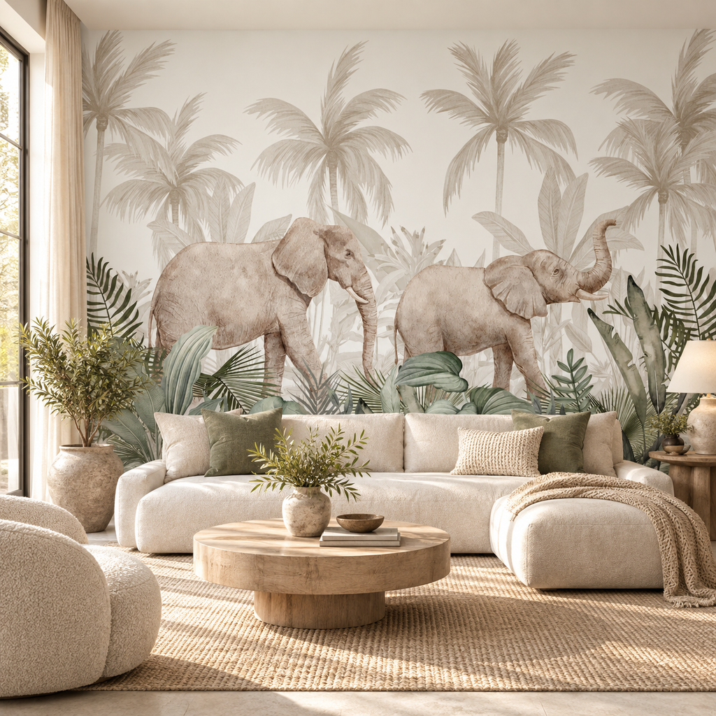 Gentle Giants, peel and stick wallpaper styled on a feature wall