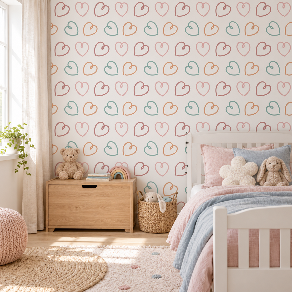 Gentle Hearts peel and stick wallpaper styled on a feature wall