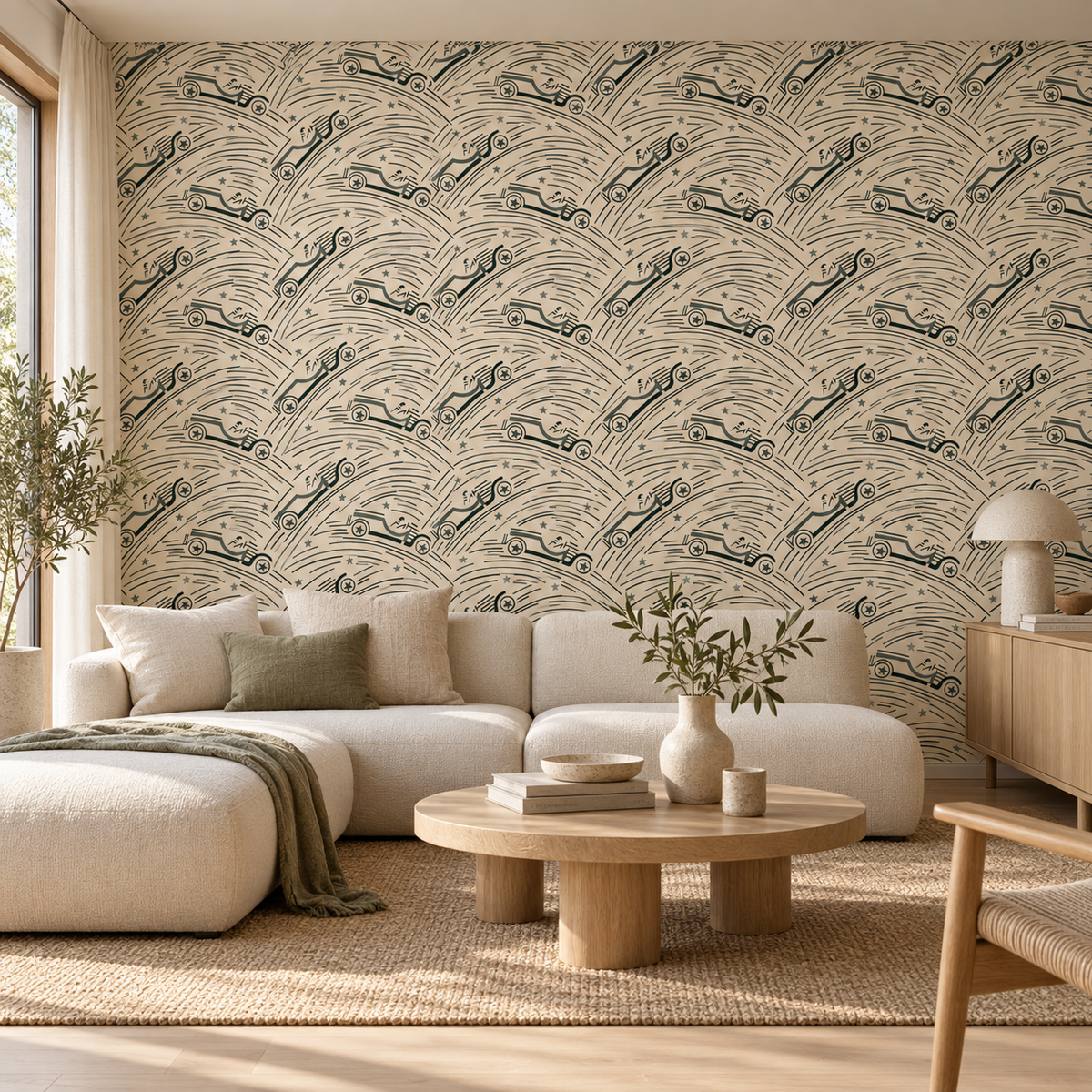 Celestial Waves peel and stick wallpaper styled on a feature wall