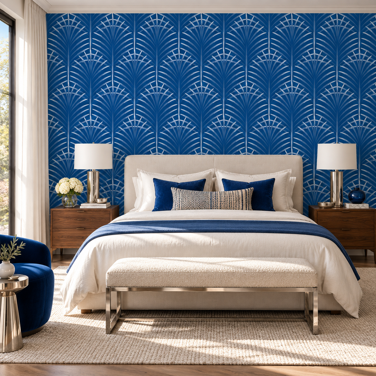 Cobalt Palms peel and stick wallpaper styled on a feature wall