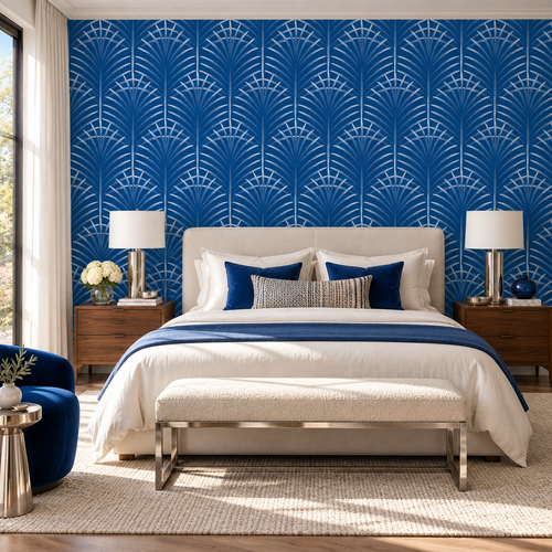 Cobalt Palms peel and stick wallpaper styled on a feature wall