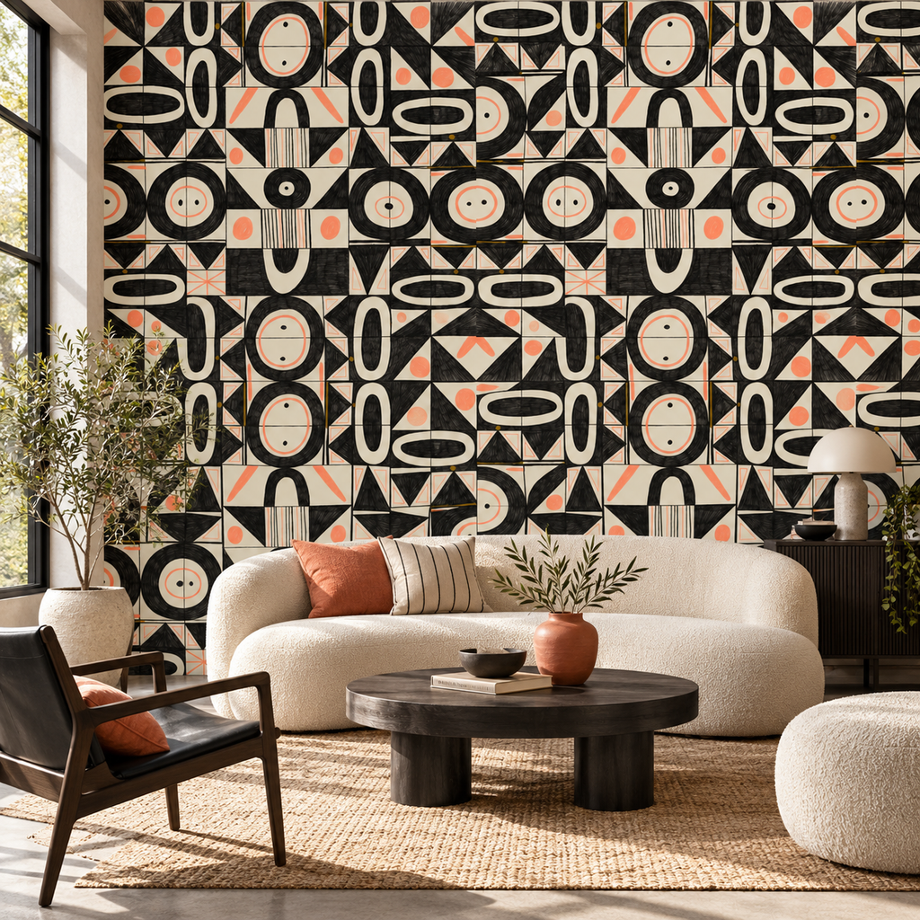 Coral Geometry peel and stick wallpaper styled on a feature wall
