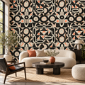 Coral Geometry peel and stick wallpaper styled on a feature wall