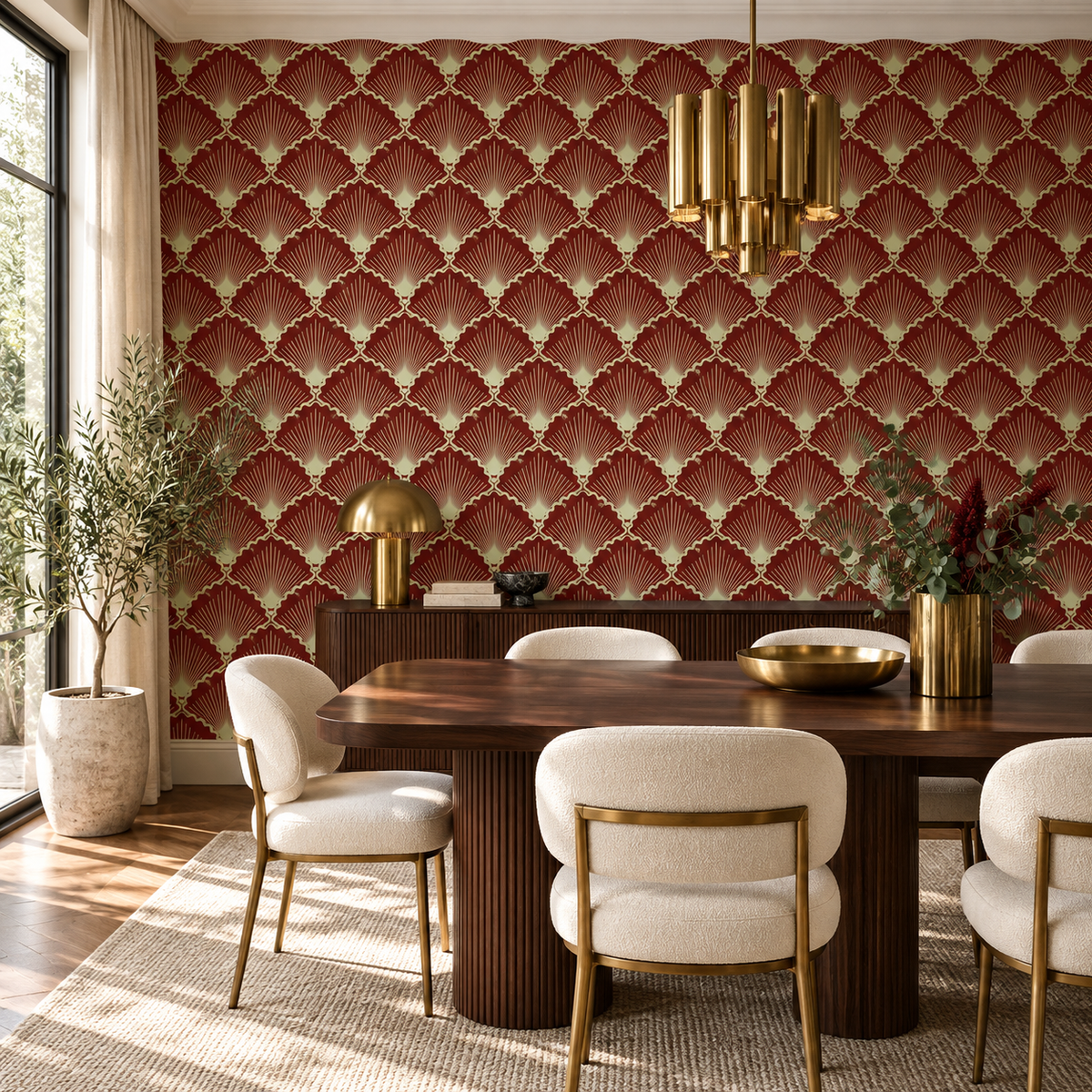 Crimson Deco peel and stick wallpaper styled on a feature wall