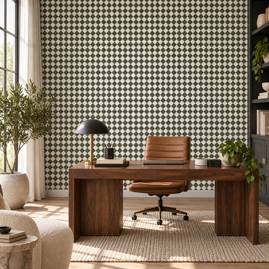 Diamond Weave peel and stick wallpaper styled on a feature wall
