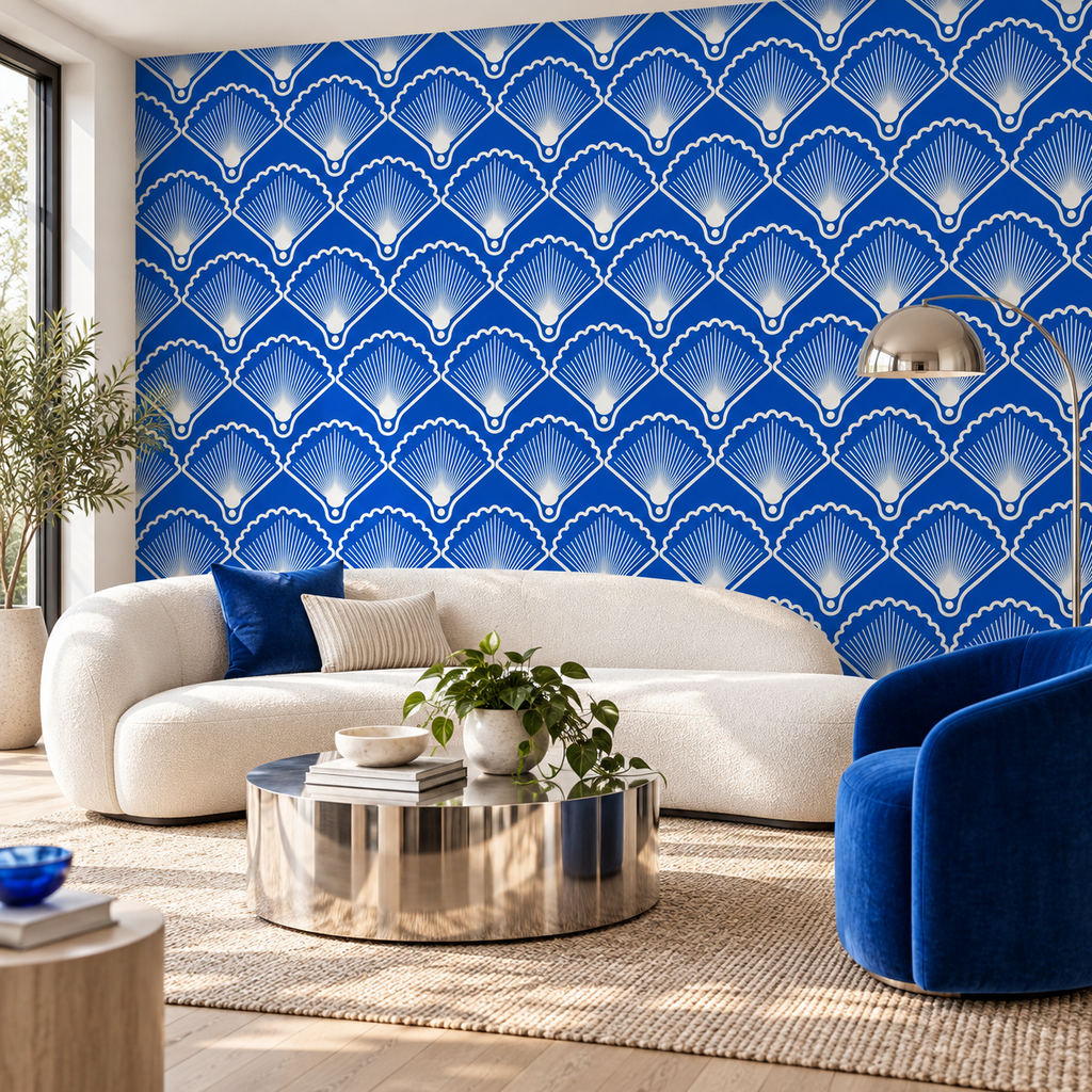 Royal Fans peel and stick wallpaper styled on a feature wall