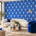Royal Fans peel and stick wallpaper styled on a feature wall