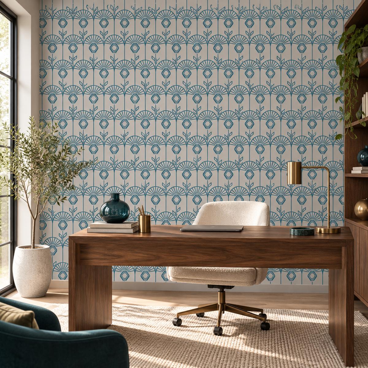 Teal Fans peel and stick wallpaper styled on a feature wall