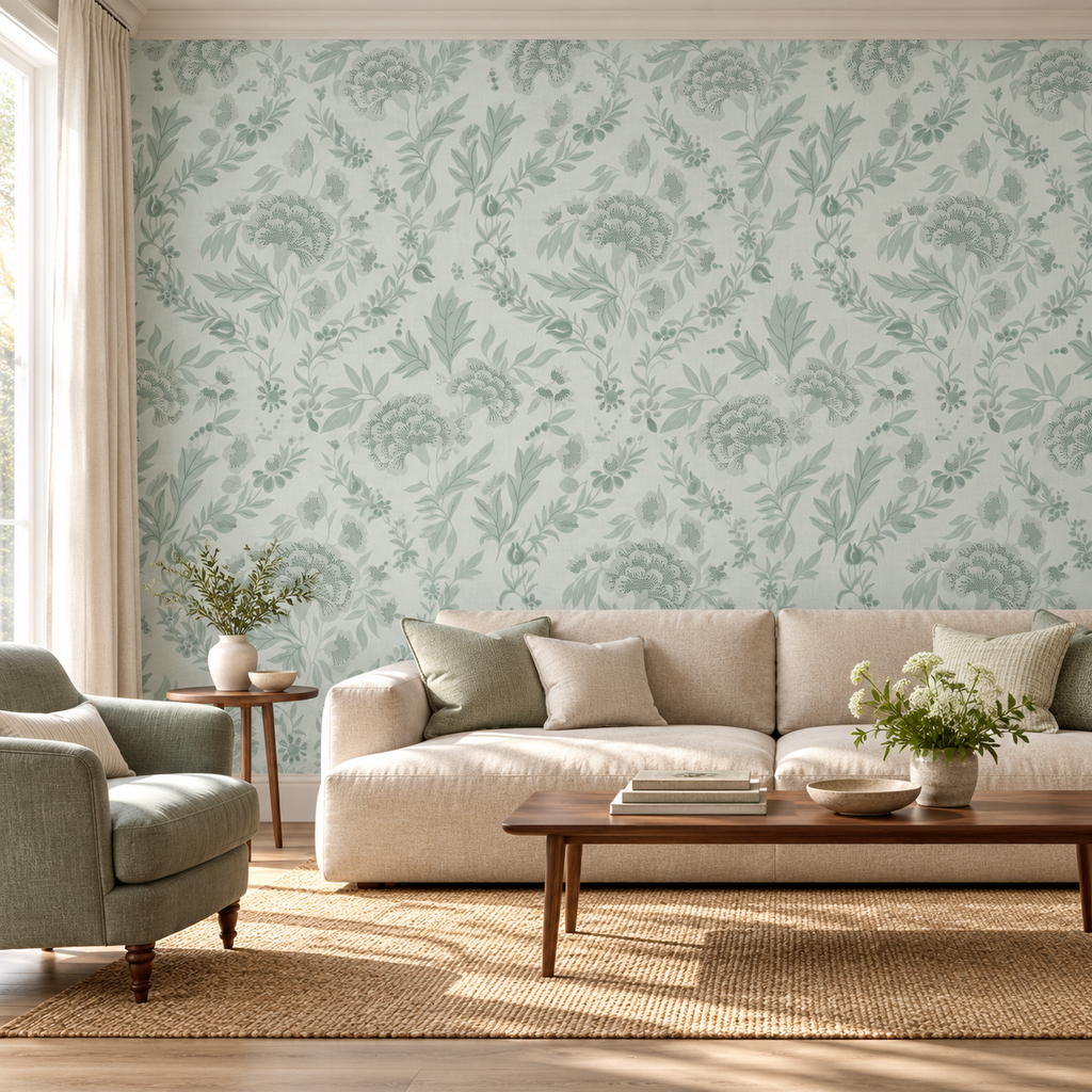 Georgian Floral in Eau De Nil by Sarah Thorpe, peel and stick wallpaper styled on a feature wall