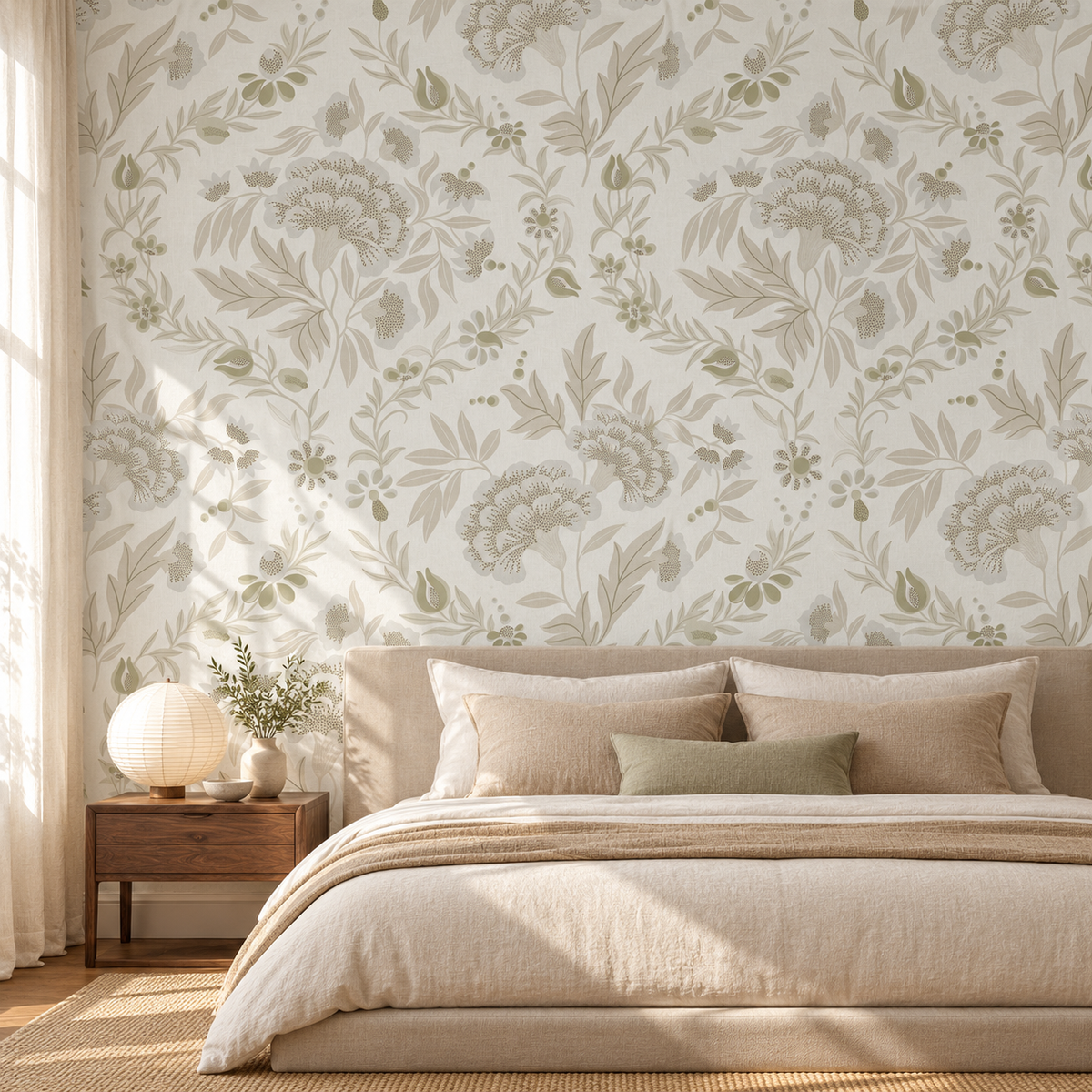 Georgian Floral in Light Natural by Sarah Thorpe, peel and stick wallpaper styled on a feature wall