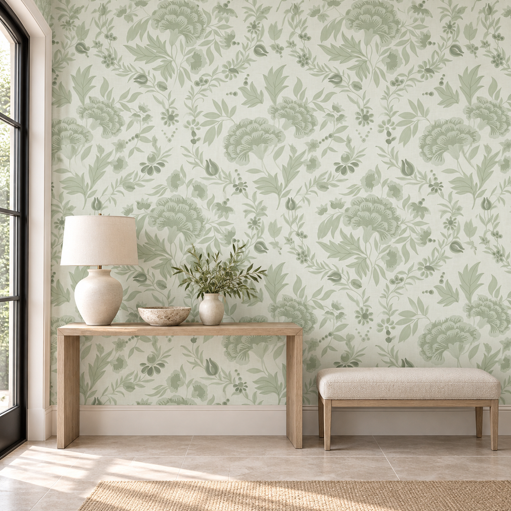 Georgian Floral in Pale Green Beige by Sarah Thorpe, peel and stick wallpaper styled on a feature wall