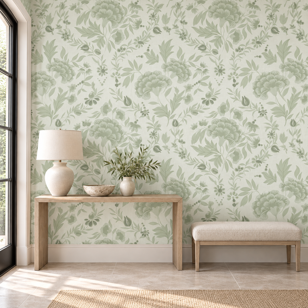 Georgian Floral in Pale Green Beige by Sarah Thorpe, peel and stick wallpaper styled on a feature wall