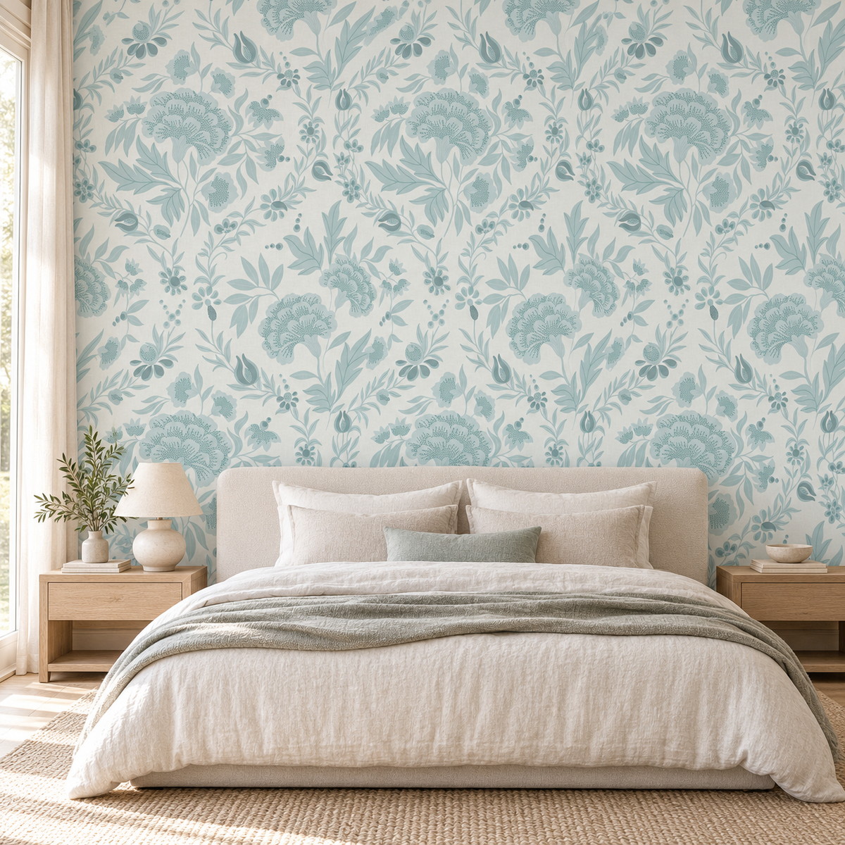 Georgian Floral in Palest Blue by Sarah Thorpe, peel and stick wallpaper styled on a feature wall