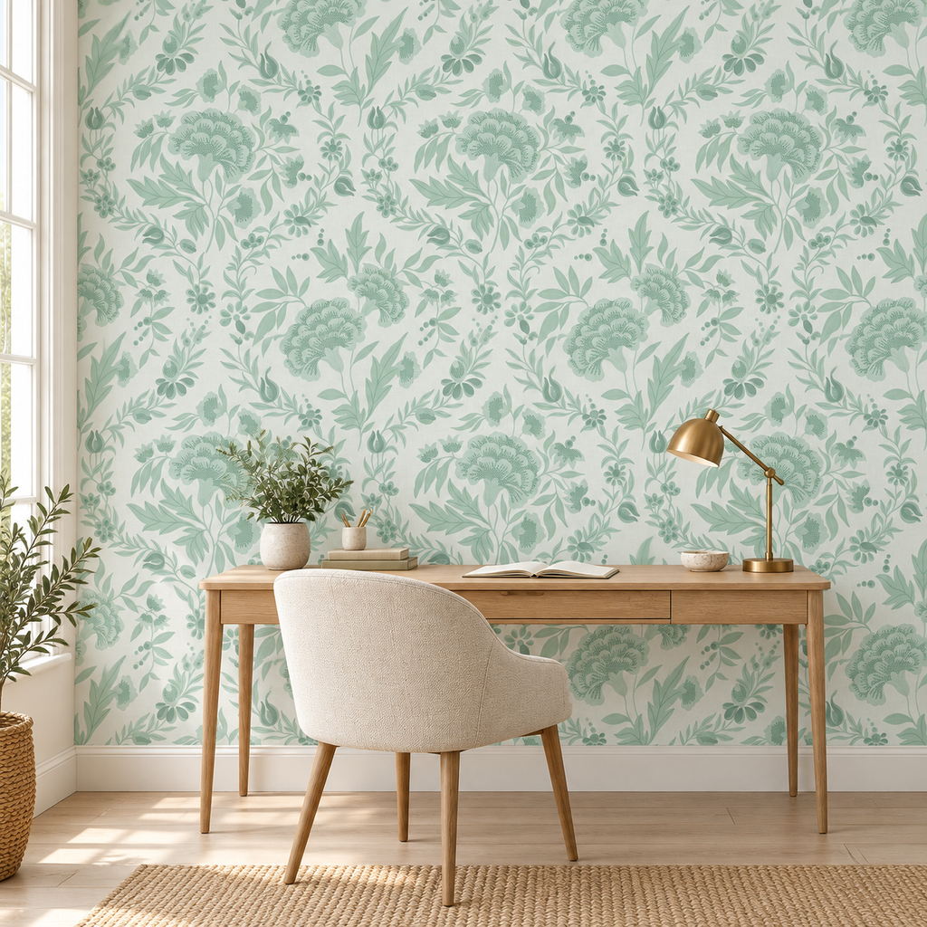 Georgian Floral in Soft Mint Green by Sarah Thorpe, peel and stick wallpaper styled on a feature wall