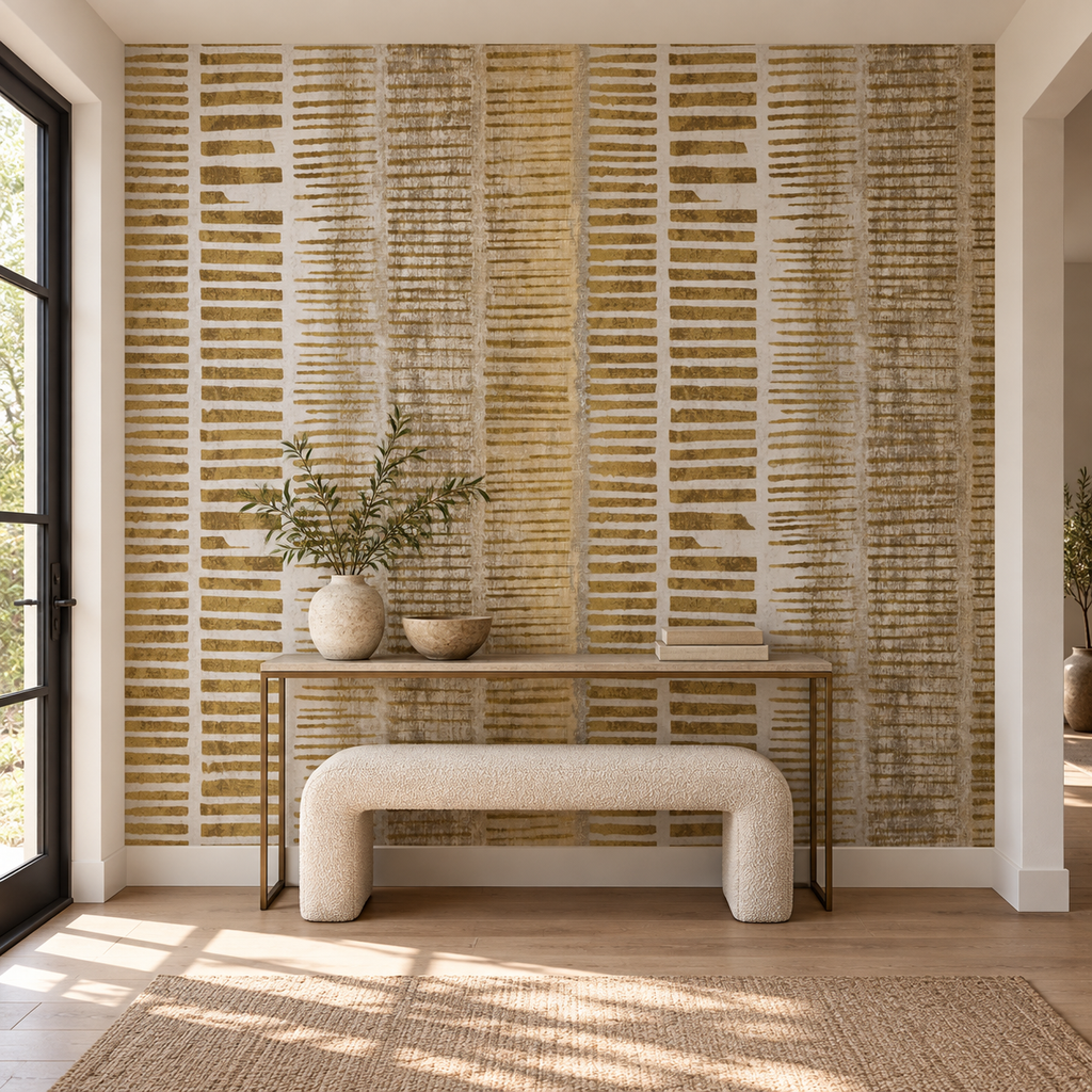 Gilded Strata, peel and stick wallpaper styled on a feature wall