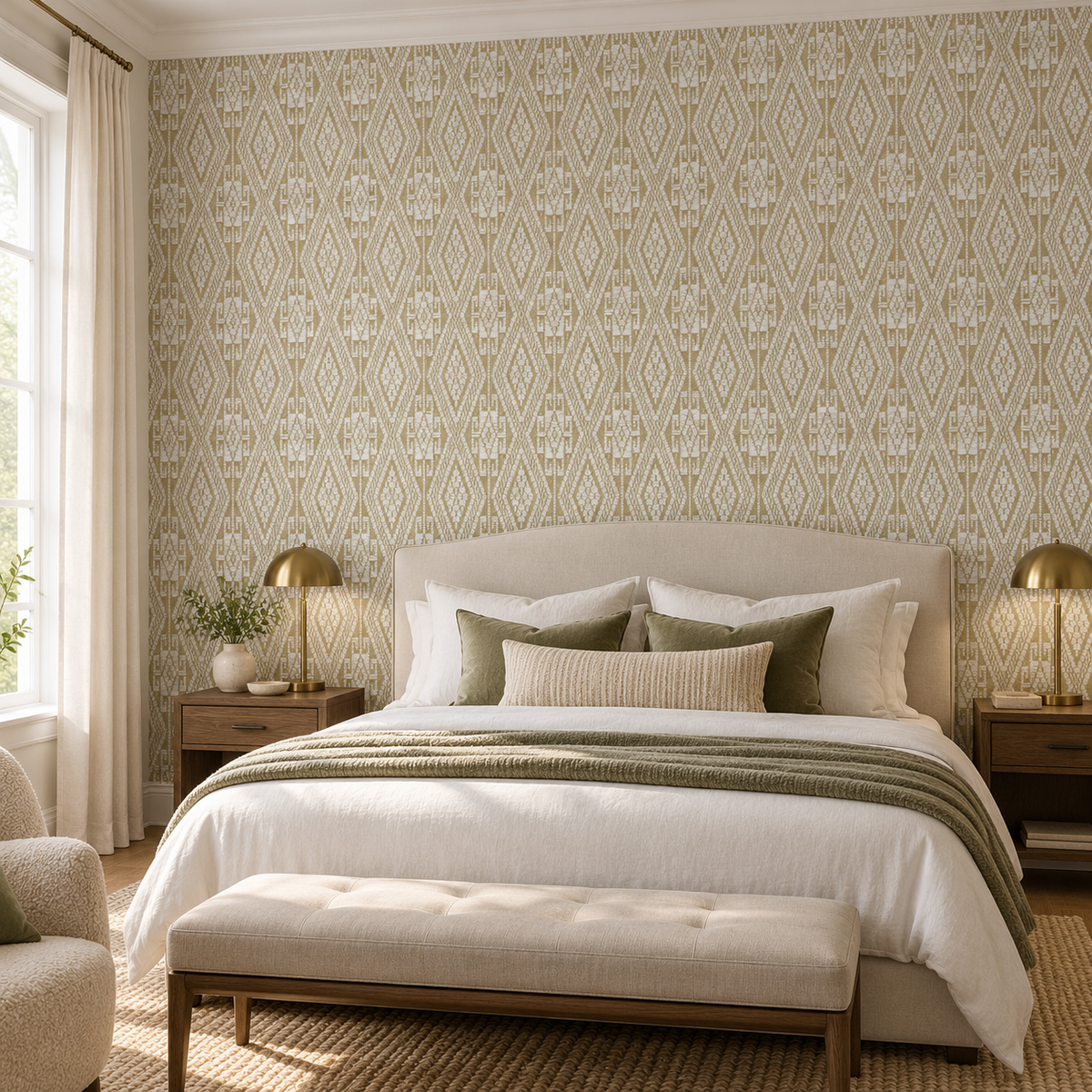 Gilded Trellis, peel and stick wallpaper styled on a feature wall