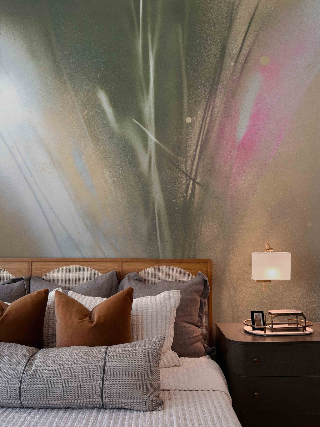 Glimmers mural by De-Anne Strange, peel and stick wallpaper styled in a room