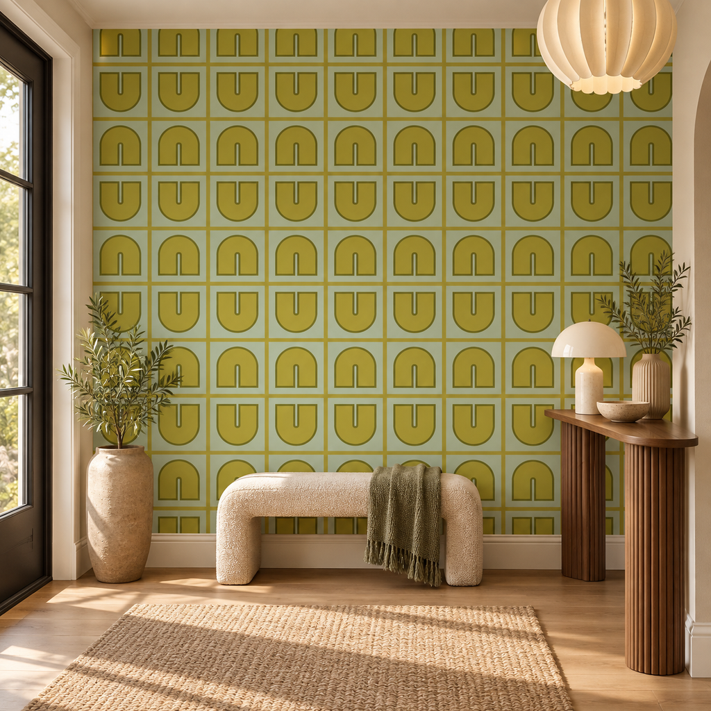 Golden Arches, peel and stick wallpaper styled on a feature wall