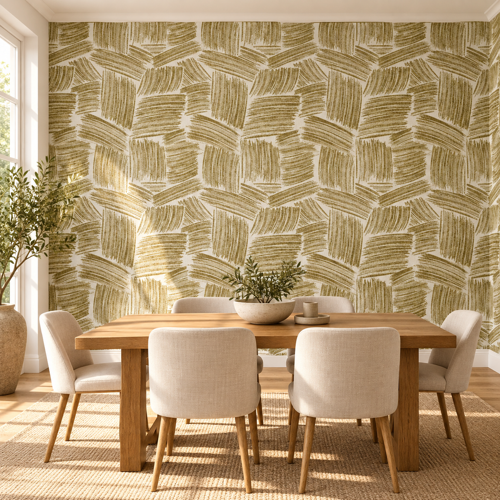 Golden Frond, peel and stick wallpaper styled on a feature wall