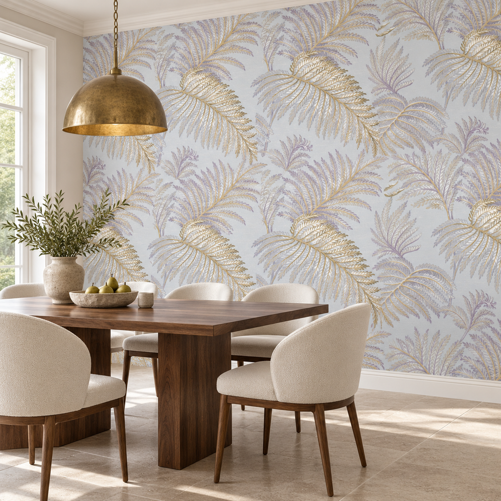 Gilded Ferns, peel and stick wallpaper styled on a feature wall