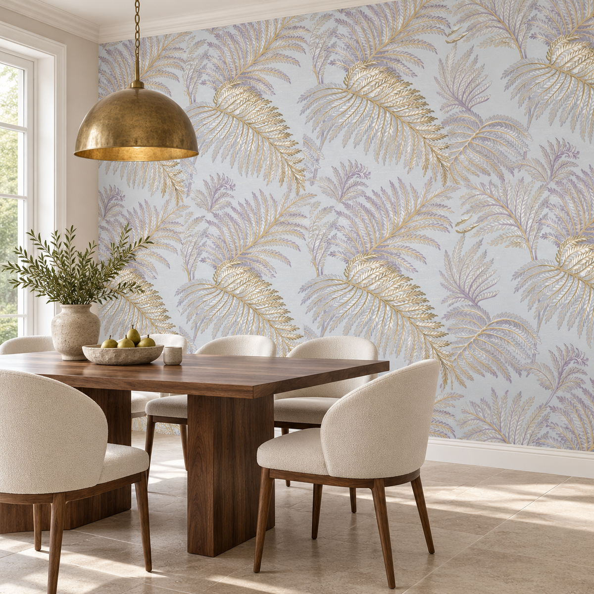 Gilded Ferns, peel and stick wallpaper styled on a feature wall