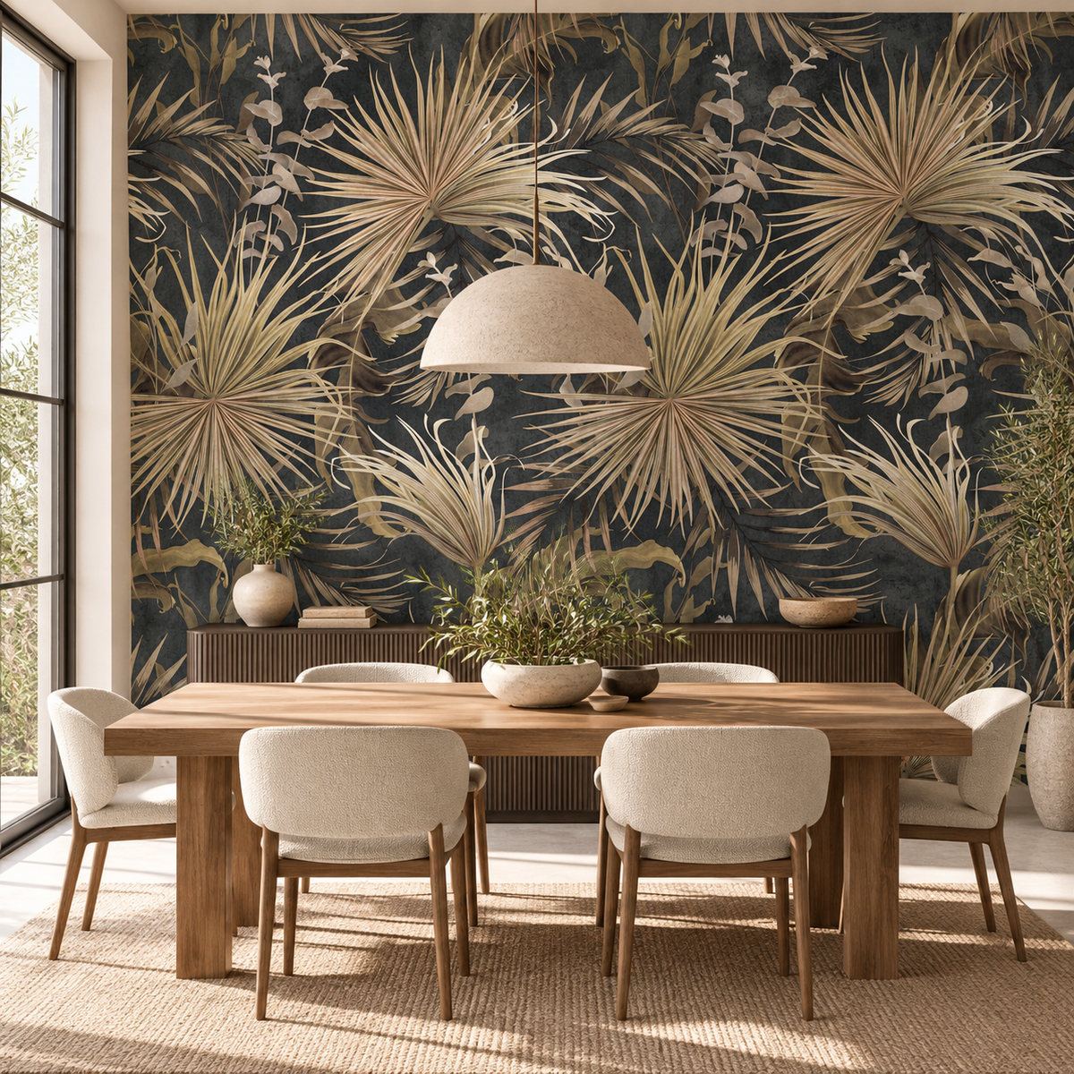 Golden Fronds, peel and stick wallpaper styled on a feature wall