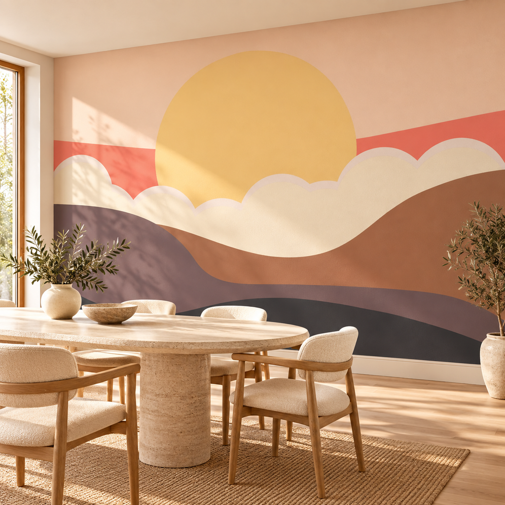 Golden Haze, wallpaper mural styled on a feature wall