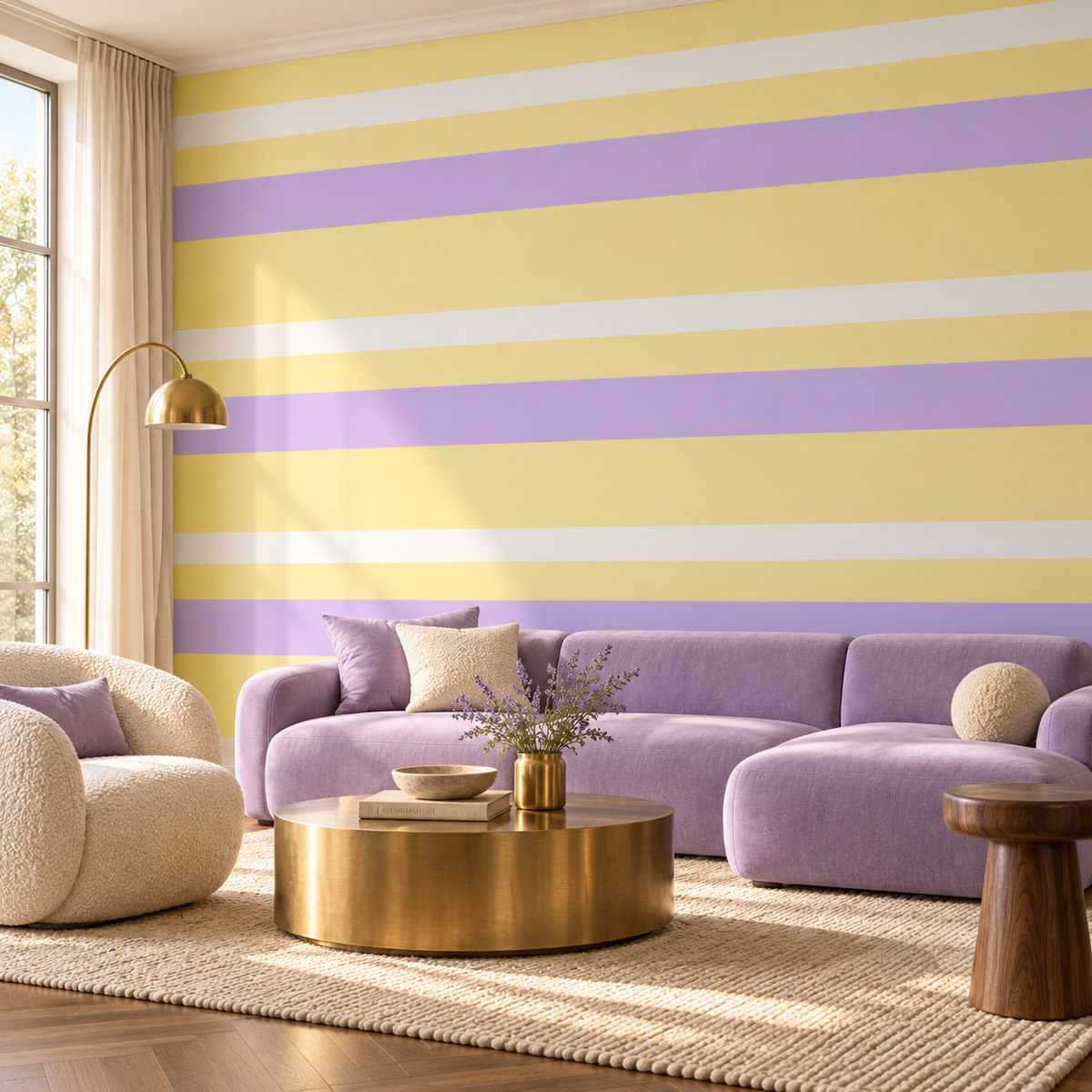 Golden Lavender, peel and stick wallpaper styled on a feature wall