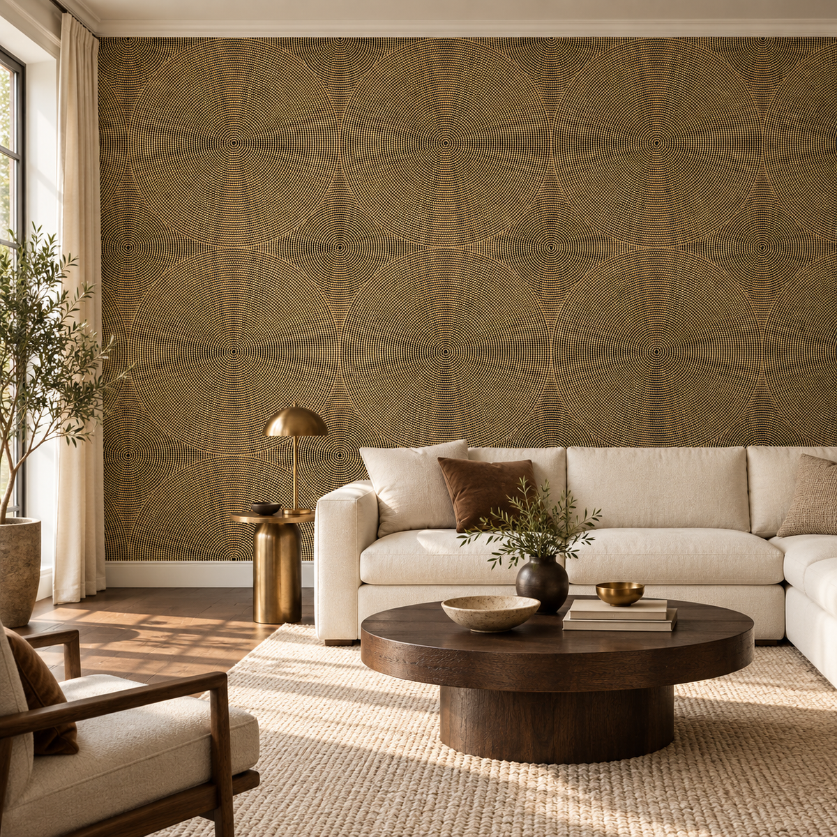 Golden Orbits, peel and stick wallpaper styled on a feature wall