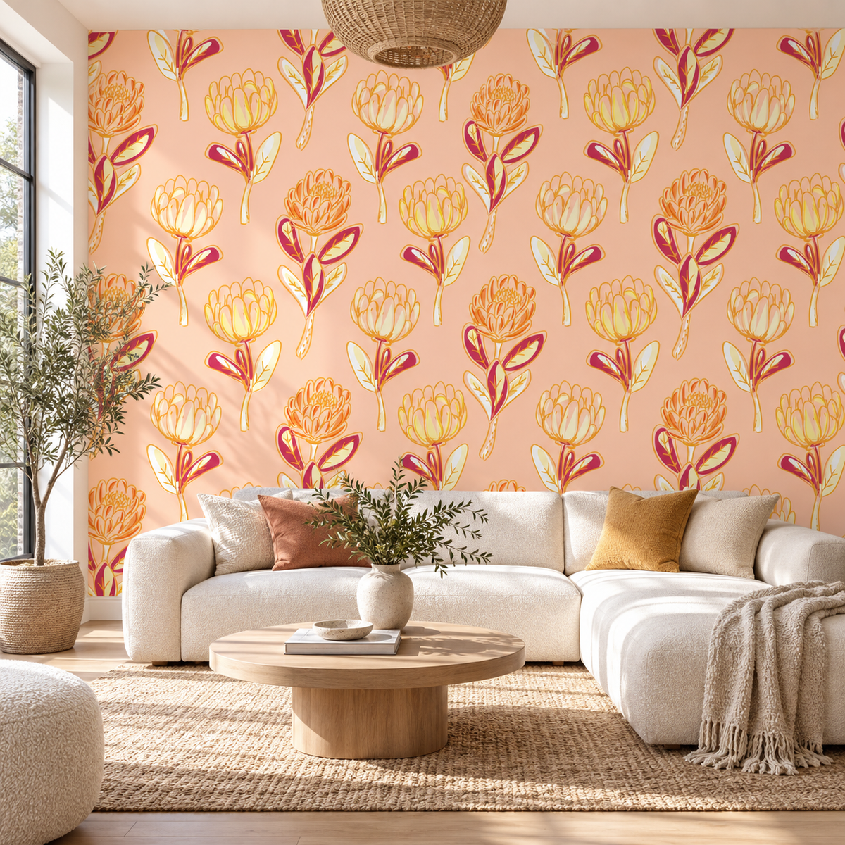 Golden Protea, peel and stick wallpaper styled on a feature wall