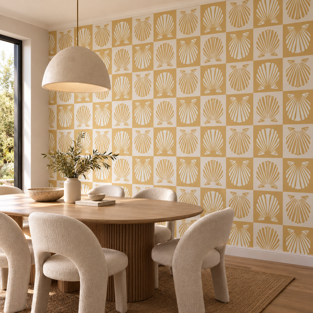 Golden Scallops, peel and stick wallpaper styled on a feature wall