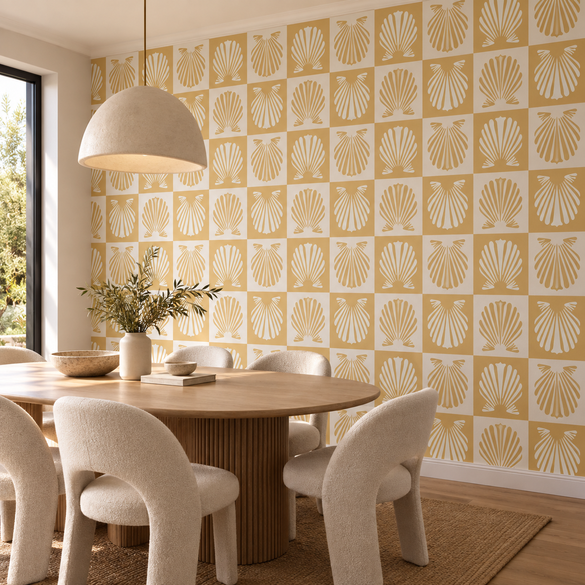Golden Scallops, peel and stick wallpaper styled on a feature wall