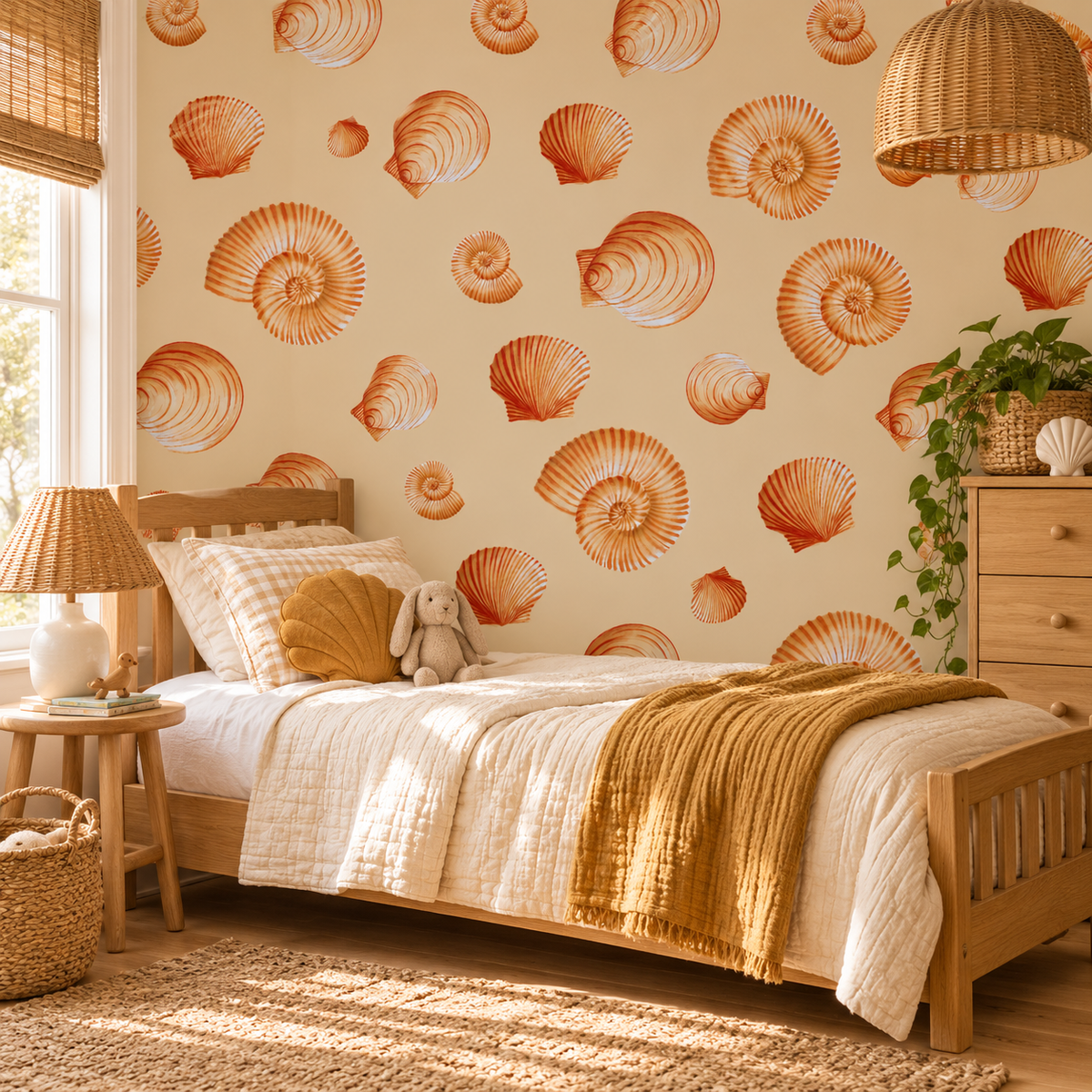 Golden Shells peel and stick wallpaper styled on a feature wall