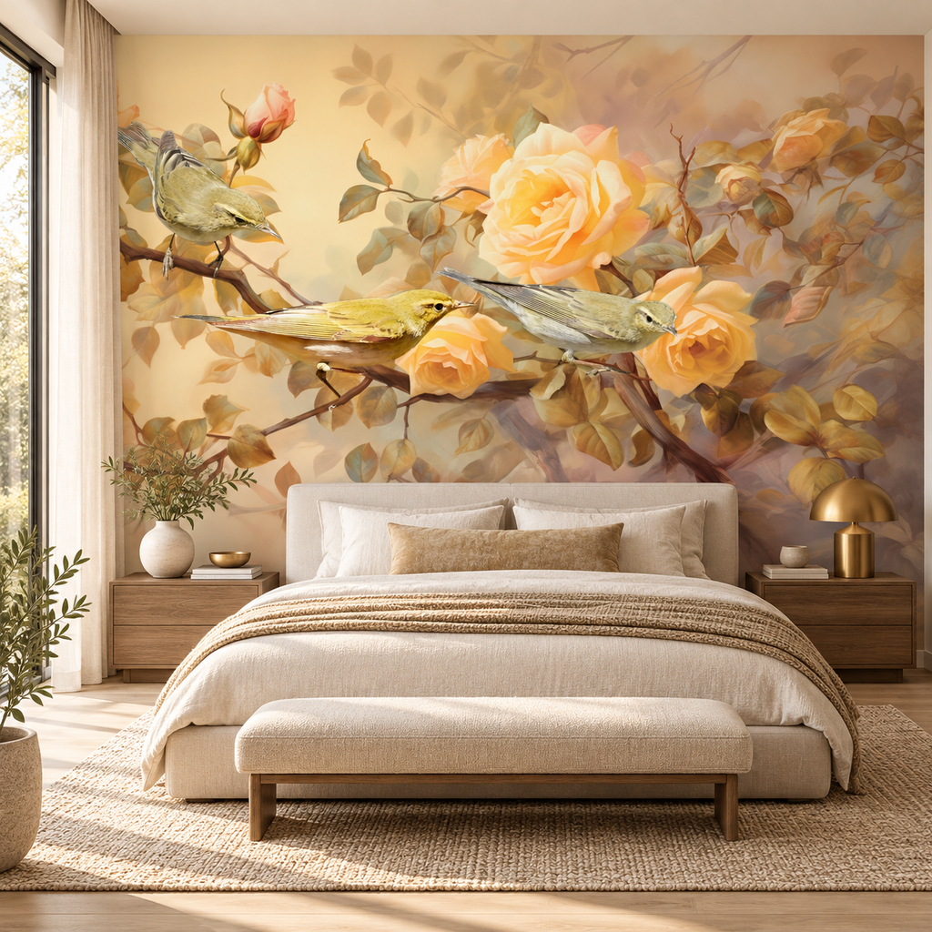 Golden Songbirds, peel and stick wallpaper styled on a feature wall