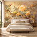 Golden Songbirds, peel and stick wallpaper styled on a feature wall
